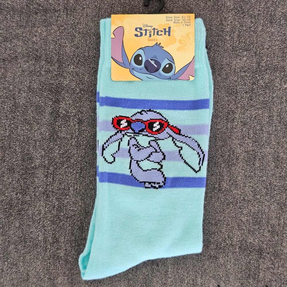 Disney Lilo & Stitch Mens Crew Socks Teal Blue Sunglasses Striped Size 10-13 NEW